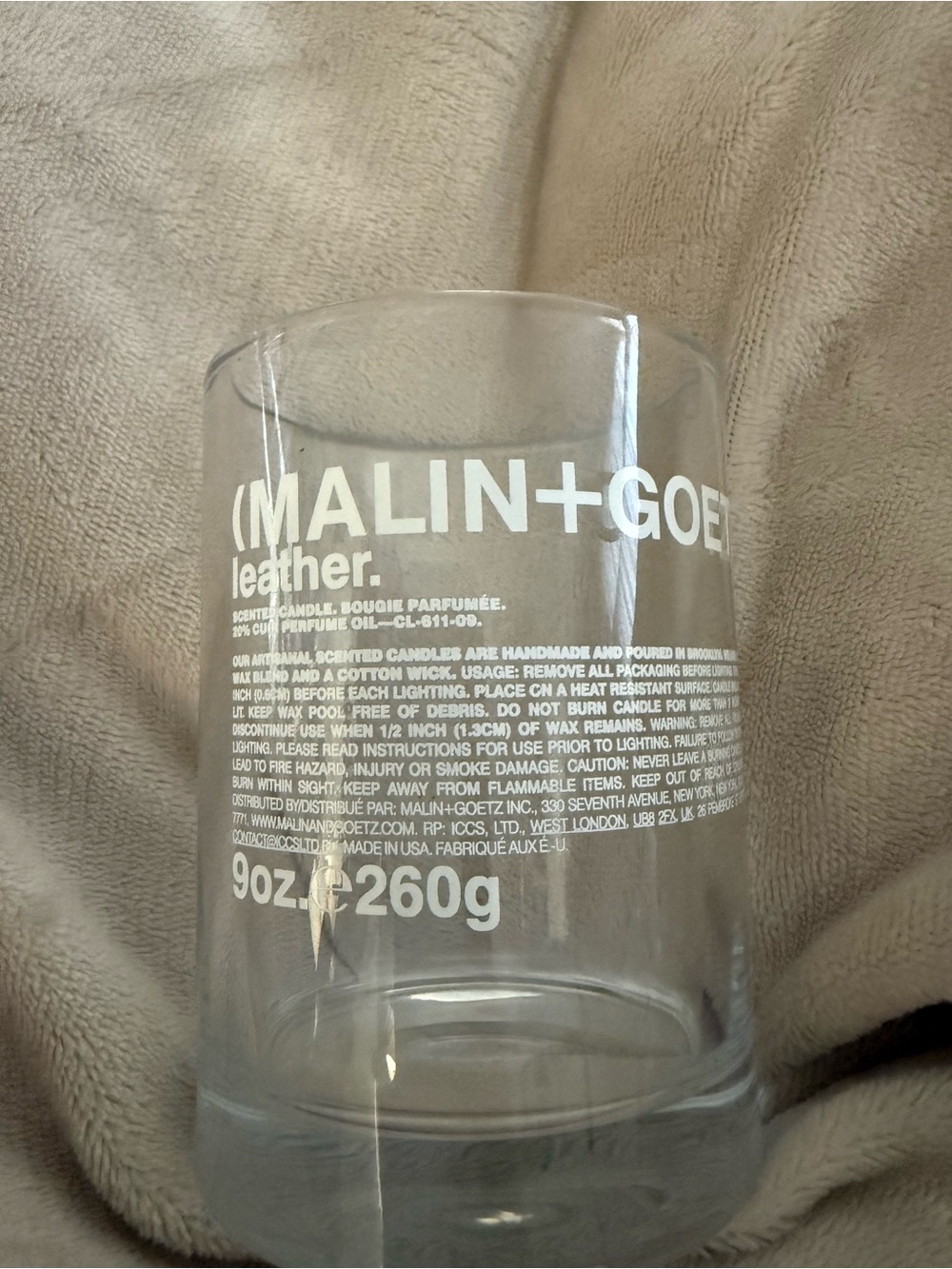 MALIN+GOETZ Leather Empty Candle Jar 9oz Glass Vessel Luxury Decor Organizer